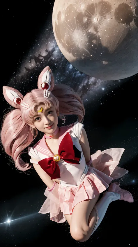 、 Extreme Real, masterpiece, highest quality, High resolution, SAMA1, space, stunning beauty, full body photo、1 、brain out、gloves、lips、solo、Sailor Chibimoon、Chibiusa,red eyes、 uniform、See more1、Tierra、Sailor Senshi uniform、(Raw photo、highest quality)、maste...
