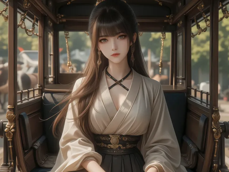 realistic texture、Japanese girl in a horse-drawn carriage、black choker、bungs、brown hair、straight hair、long hair、beige blouse、Breet skirt、Realistic Skin、carriage