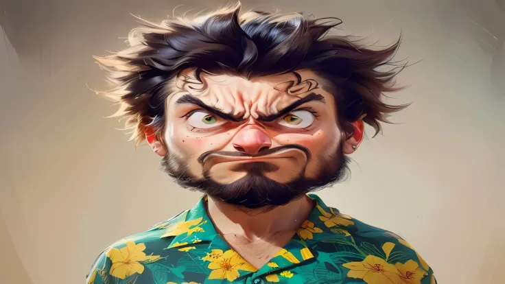 Shaggy man with a beard and a flower shirt with a goofy face, perfect adult woman's body, funny illustration , digital cartoon painting, realistic facial expression, digital cartoon art, olhar zangado, perfect adult woman's body design, angry facial expr...