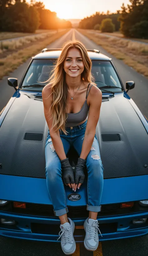 A cinematic, wide-angle shot from a slightly high camera angle, looking down at a 20-year-old woman with long blonde hair sitting on the hood of a Nissan S30 Fairlady Z , placed in the center of the frame. She is smiling warmly and looking up at the camera...
