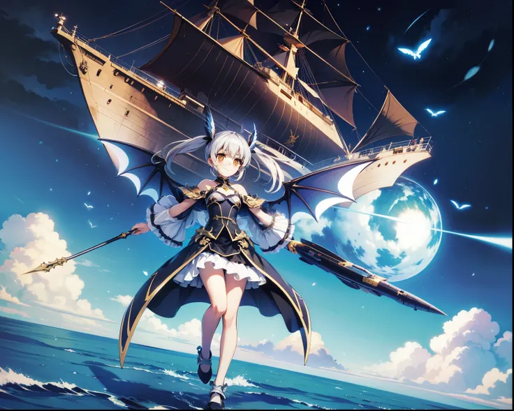 Full Body　A broad perspective　High Sky、Exercise magic、Giant Blue Magic Circle　are flying above the clouds　flies while protecting a spaceship　one girl　young　gentle smile、Sleepy eyes、yellow eyes、Long twin-tail hair that shines blue　a gothic ta suit with lots...