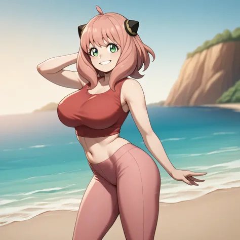 masterpiece, highest quality, best quality, 1girl, solo, anya forger, 1girl, aged up, grown up, older, adult, solo, hairpods, gold trim, red ribbon, looking at viewer, ahoge, smile, large breasts, round breasts, thick breasts, expanded breasts, sleeveless ...