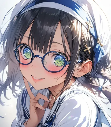 
shiny brown hair、short hair、（美しいGreen eyed、Shining Eyes、Detailed）、Smiling、Super detailed description、 high definition face、high definition eyes、cowboy shot、（top quality：1.2）、1 girl、top quality、1 girl、low twin tail、glasses、Professional lighting、Realistic S...