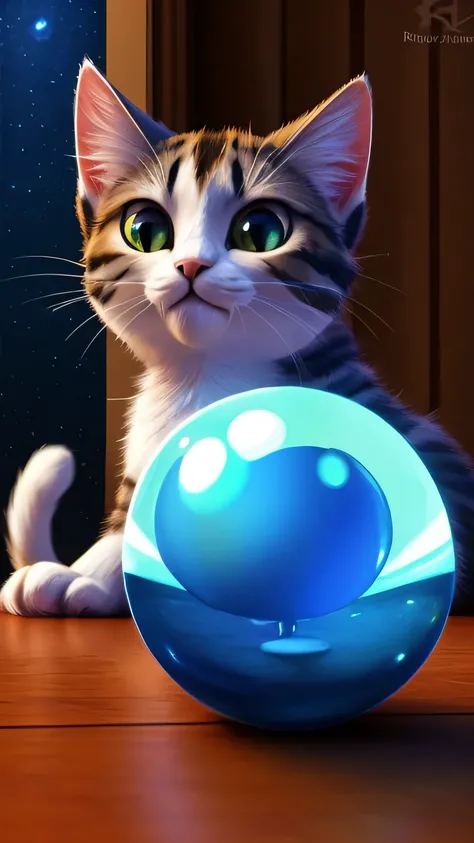 Night sky Woman playing with crystal ball with cute kitten on table, Urop and Lost Run, by Rudy Siswant, inspired by Rudy Siswant, adorable digital painting, woman and cat, Ross Tran and Urop, highly realistic 3d illustration, fortune teller, digital art. ...
