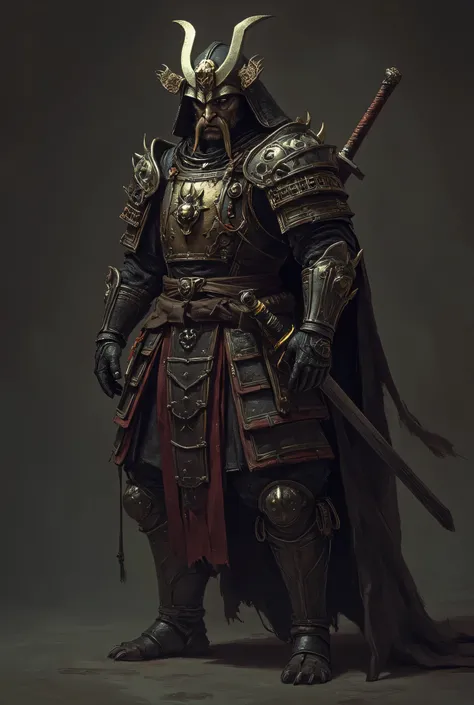 (1man, solo, a samurai shogun, wear samurai battle armor, katana, samurai shogun in full battle armor, katana in hand, ornate armor with detailed elements, weathered and battle-worn), anthr0dnd, Gul'dan, dark fantasy character, detailed full-body character...