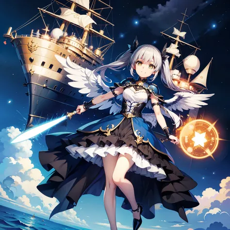 full body　A broad perspective　High Sky、six large wings on the back、Exercise magic、Giant Blue Magic Circle　are flying above the clouds　one girl　younger　gentle smile、sleepy eyes、Yellow Eyes、long clear blue twin tails　gothic dress with lots of frills　silver k...
