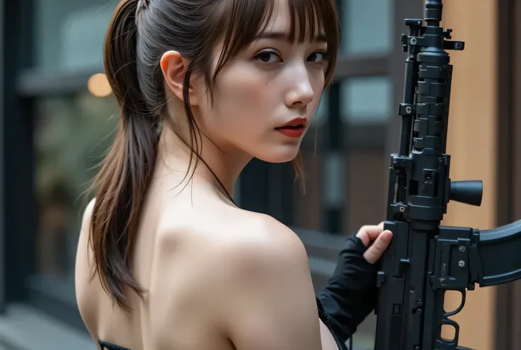 (((A smoky battlefield at dawn:2.0))),(((HR Gigger-like cyberpunk Atmosphere:2.0))),(((rugged assault rifle:2.0))),A woman is hugged by a faceless old man,(sexual expressions:2.0),(Beautiful well-balanced face :1.7),(((bright red lipstick:1.7))),(wavy dark...