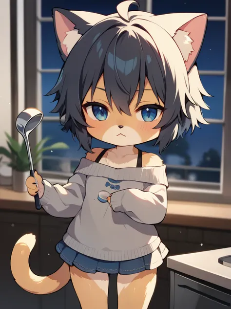 score_9, score_8_ up, score_7_ up, score_6_ up, score_5_ up, Anime，nsfw，( chibi:1.5)， 1 , (furry,  monster:1.4), girl with cat ears,   animal nose  ,  cat tail , long wave hairstyle, solo, Thigh High, Apron, dark haired, , Ladle  , Under the eyes, Blue Eye...