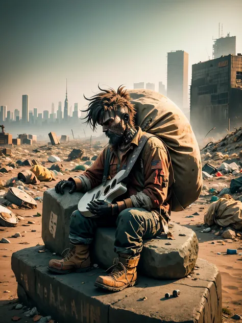 terras devastadas,(A poor old mech sitting on a rock playing the guitar:1.3),(o guitarrista),(sentado:1.2),Rust, Wearing torn armor ,The horizon line in the distance ,Gothic,Musgo,(a small white flower),(cemetery),Gothic教堂,(lua vermelha sangue),Gothic元素,fo...