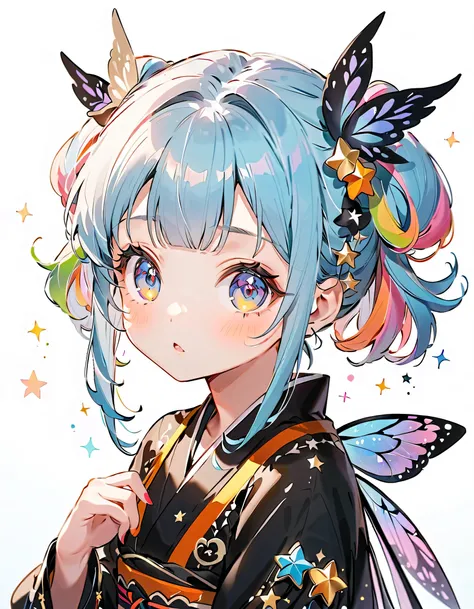 best details、 1 girl,,Blink, ( the hair color is milky white、Blue hair tips )、 World's Cutest Girl ,wear colorful and cute gothic kimono costumes , Star Fairy ,wear colorful and cute gothic kimono costumes with little fairy feathers growing ...