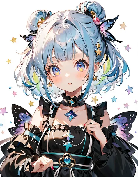 best details、 1 girl,,Blink, ( the hair color is milky white、Blue hair tips )、 World's Cutest Girl ,wear colorful and cute gothic kimono costumes , Star Fairy ,wear colorful and cute gothic kimono costumes with little fairy feathers growing ...