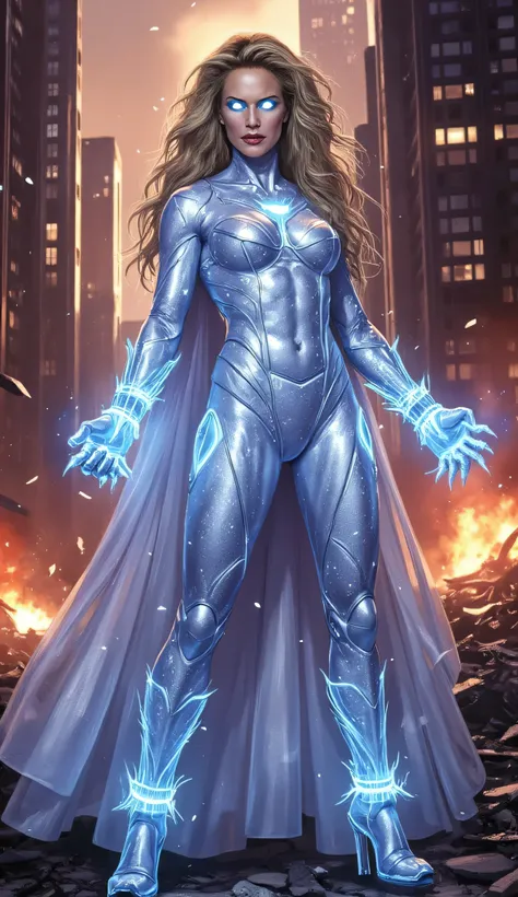 Kelly Preston as Emma Frost, X-Men, fierce and powerful, crystal bodypaint, crystal body, crystal facepaint, colored skin, crystal hair, shiny, sparkle, standing amidst city, defiant pose, fists clenched, glowing white eyes full of determination, explosion...