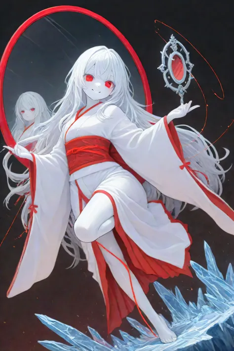 anthropomorphism, long hair, Himekut, white hair, Red eyes, soft eyes, white skin, Levitation mirror, ice, White kimono with red thread, Red thread decoration on one leg, Relaxed smile, alone, Work of art, top quality, 8k, very detailed, animation styling