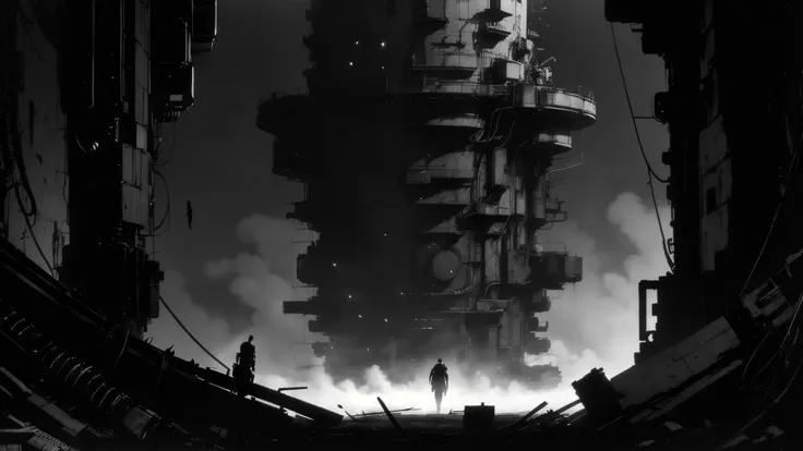 35mm lens,blame, tsutomu nihei, by tsutomu nihei,movie, A dark underground biomechanical core scene,The center is a column wrapped around vines,Structural corrosion and aging,Some cables emit a faint golden glow,Surrounded by distorted pipelines and metal ...
