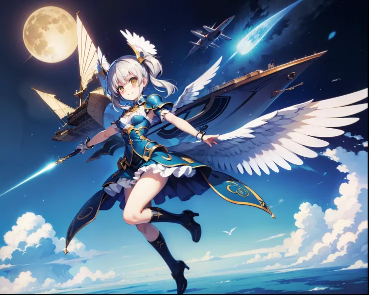 Full Body　A broad perspective　High Sky、Exercise magic、Giant Blue Magic Circle　are flying above the clouds　flies while protecting a spaceship　one girl　young　gentle smile、Sleepy eyes、yellow eyes、long twin tail hair that shines blue　a gothic ta suit with lots...
