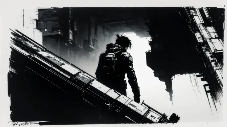 medium shot, 50mm lens,俯拍,side-back view,solo,blame, tsutomu nihei, by tsutomu nihei,movie, killy, cibo, GBE,1boy, killy, ova,(一位男性战士正在攀爬垂直巨壁的脚手架:1.3),inspired by Tsutomu Nihei's BLAME!, realistic anatomical proportions, inspired by Tsutomu Nihei's BLAME!...