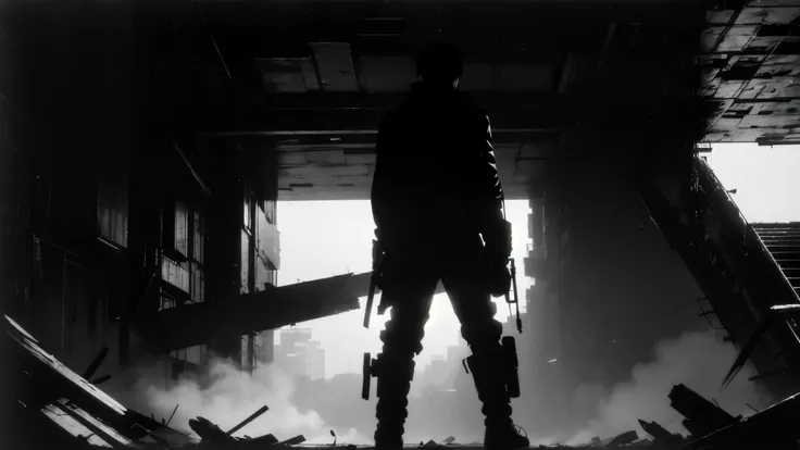 medium shot, 50mm lens,俯拍,side-back view,solo,blame, tsutomu nihei, by tsutomu nihei,movie, killy, cibo, GBE,1boy, killy, ova,(一位男性战士正在攀爬垂直巨壁的脚手架:1.3),inspired by Tsutomu Nihei's BLAME!, 环境充斥着高耸入云的垂直巨壁、无尽延伸的钢铁回廊、工业化的超巨型结构、悬空的平台、错综复杂的管道系统,以及深不见底的黑暗竖井。刺目的高对比...