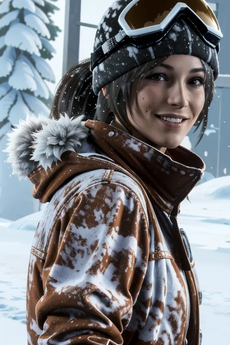(masterpiece, best quality:1.3)
LaraRise, 1girl, solo, looking at viewer, smile, ponytail, long hair, brownhair, hat, brown eyes, jacket, upper body, parted lips, teeth, scarf, grin, blood, helmet, goggles, snow, freckles, goggles on head, realistic