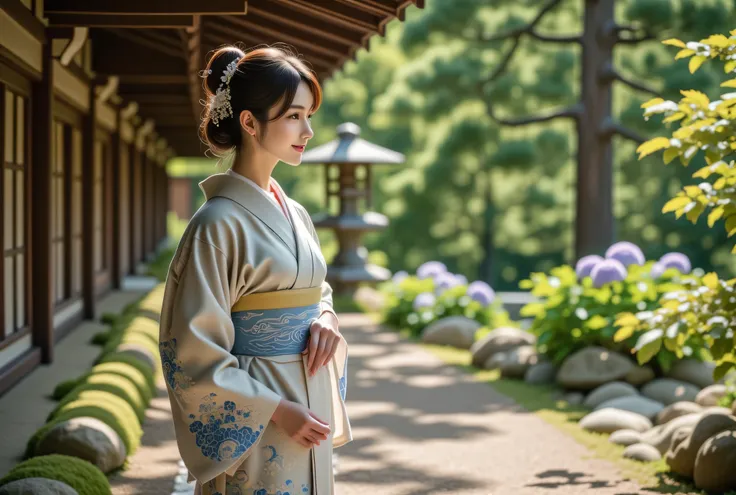 A hyper-realistic and cinematic depiction of a serene Japanese summer landscape, captured from a close-up, waist-up perspective. Outside the corridor of an old Japanese mansion, a lush garden flourishes under the vibrant summer sun. Tall black pine trees c...