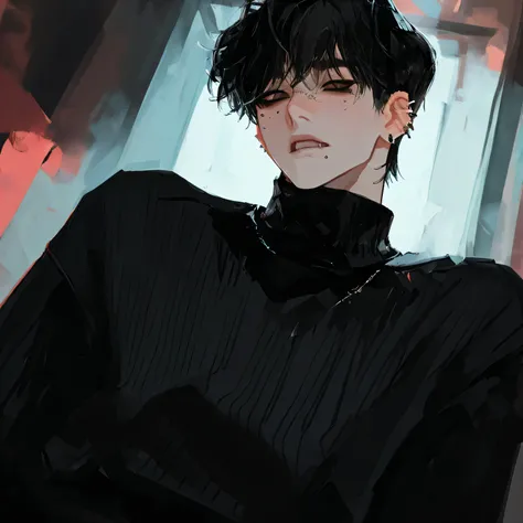 male, black hair, sexy, Large , black turtleneck, piercing, 눈썹 piercing, sexy eyes, Slit eyes, black eyes, short hair, man