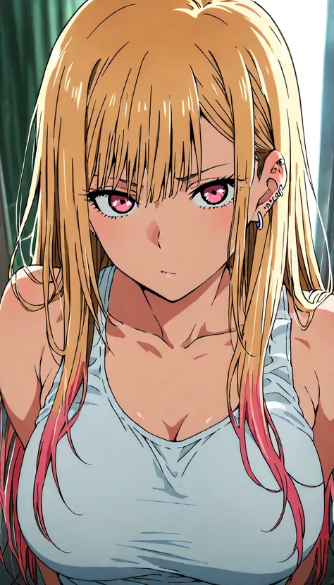 score_9, score_8_up , score_7_up , Old high quality,最高masterpiece,masterpiece,8K,high resolution, Very detailed, very beautiful,ahemaru,cute girl,hyperbust,tank top,KJOmarin, blonde hair, long hair, pink eyes, earrings, ear piercing, multicolored hair,
