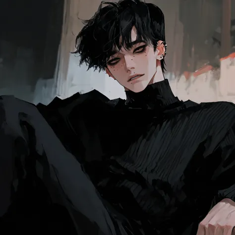 male, black hair, sexy, Large , black turtleneck, piercing, 눈썹 piercing, sexy eyes, Slit eyes, black eyes, short hair, man
