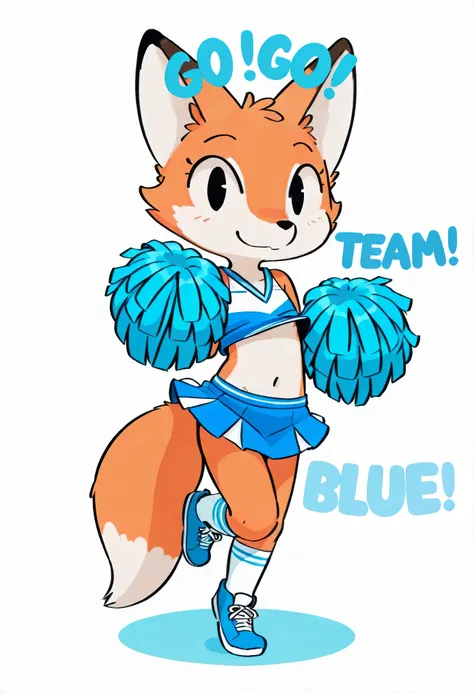 [Cheerleader] [Practice-Test*] - masterpiece, stylish, By Funkybun, solo, ambiguous_gender, fox, eyelashes, chibi_slender/feral, skimpy, skirt, clothing, clothing_lift, cheerleader, cheerleader outfit, cute stylish, dance/jump pose, (Go! Go!(text), Team!(t...