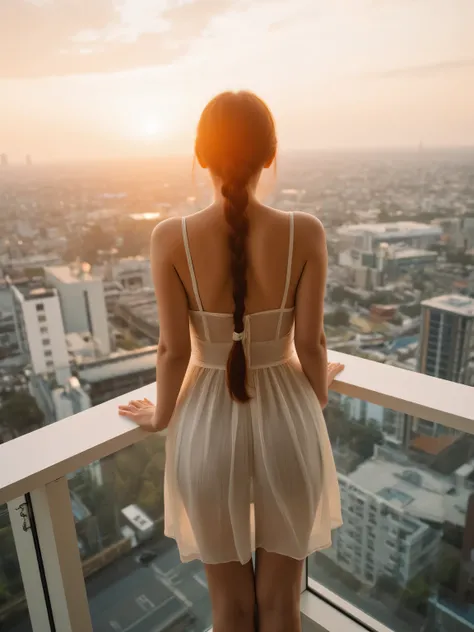 A hyper-realistic photo of a asian woman with long red hair in a braid, seen from behind, standing on a high-rise balcony at sunset, overlooking a modern city skyline. She is wearing a plain, minimalistic white dress made of translucent, sheer fabric that ...