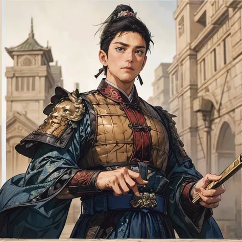 top quality、masterpiece、4K、 oil painting portrait 、ancient Chinese shogun with a spear、A 20-year-old man、 accurately drawn eye 、black eyes、dark haired、fierce々Expression、barking with her mouth wide open:1.3、Glutinous meat、Meiko armor made of black iron、An a...