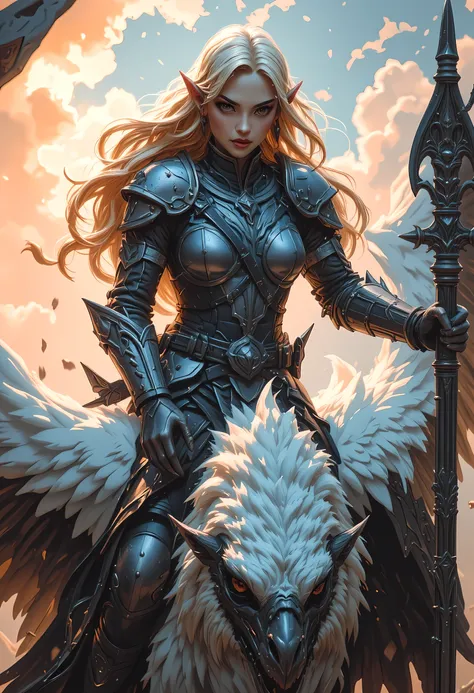 fantasy portrait of a female elf riding her epic griffon, a female elf knight, ultra feminine, long blond hair, small pointed ears, wearing silver armor, riding a majestic griffon, muscular, shining eyes, white majestic feathers, the sun is rising, there ...