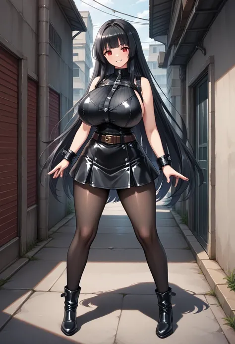a woman,black hair, Cabello súper largo, Red Eyes , huge breasts i big hips,     smile,sleeveless,the neckline can be seen naturally in the left and right eyes,arms covered with black fabric with cuffs,leather shoulder straps,black leather belt at the wais...