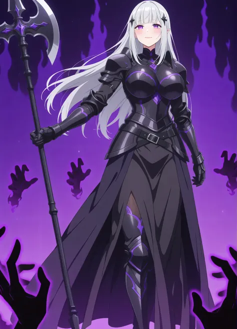 score_7_up, anime screencap, Solo, long dress, Satella, Anime, 1girl, adult female, pointy ears, hair ornament, blush, silver hair, long hair, closed mouth, light smile, lips, purple eyes, Sexy, outfit_2 outdoors, dark aura, black armor , shoulder armor, b...