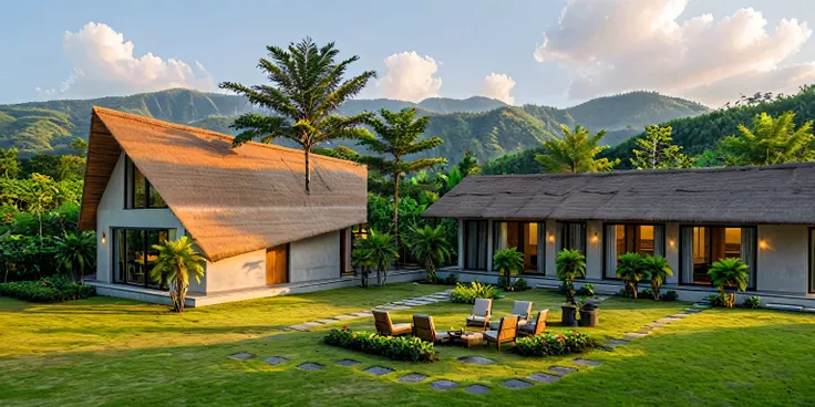 Masterpiece, high quality, best quality, authentic, super detail, outdoors, house style modern,Country house, Bali island resort style,Walls are covered with earth, walls are brown, walls are painted with red earth effect
, thatched roof house, palm roof, ...
