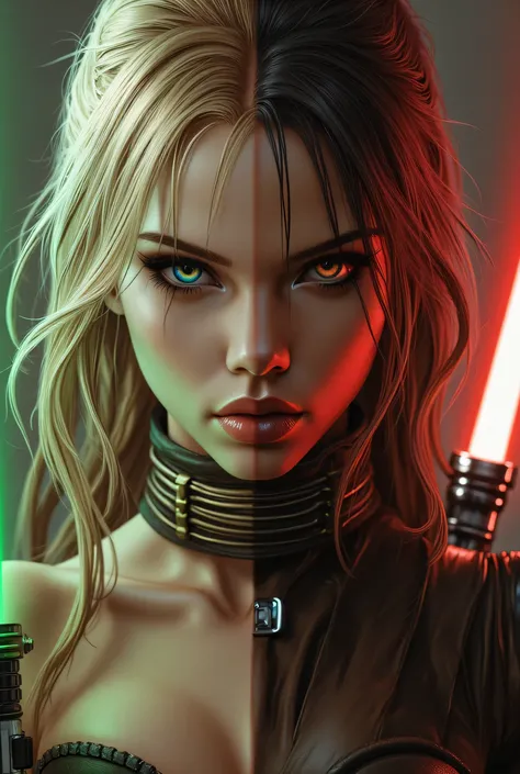 Score_9, score_8_up, score_7_up, ((highest quality)), ((masterpiece)), Perfect Face, (High definition), (Best Shadow), 8k, cinematic. 
Luis Royo's style, sexy art.
Two characters in revealing sexy clothes.
(1) A blonde woman, blue eyes, dressed as a sexy J...