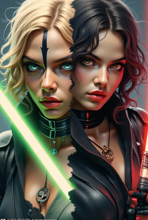 Score_9, score_8_up, score_7_up, ((highest quality)), ((masterpiece)), Perfect Face, (High definition), (Best Shadow), 8k, cinematic. 
Luis Royo's style, sexy art.
Two characters in revealing sexy clothes.
(1) A blonde woman, blue eyes, dressed as a sexy J...