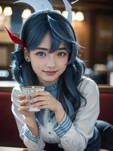 1girl, solo, cute japanese girl, idol, high school girl, (smile:1.2),
BREAK
(close up), sitting relaxed on chair, in a cafe, holding a cup with one hand,
BREAK
(huge breasts:1.75, sagging breasts(, nipples under clothes,
BREAK
(film grain:1.5), 8K raw phot...