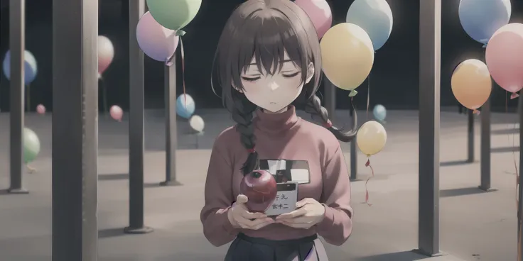  Madotsuki , pink sweater tied to a pillar, logo, Skirt,  closed both eyes, upper body, shadow,  dark, bloody, Holding a balloon, 薄 dark, dream,