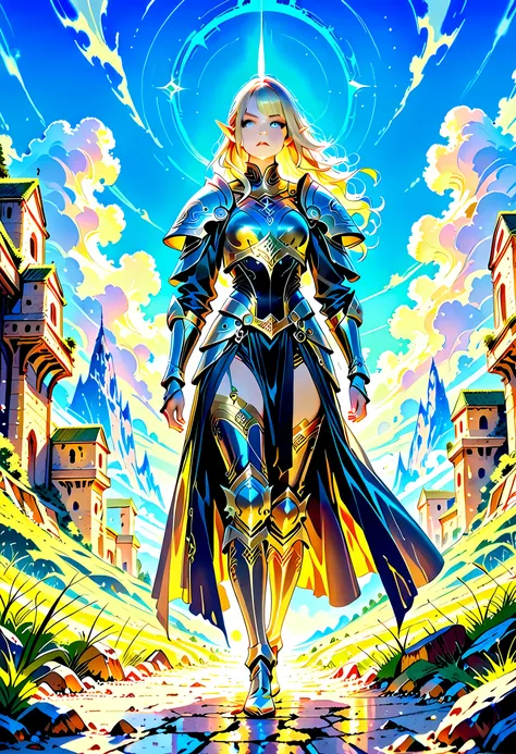 elf knight, elf warrior, princess knight, shinning knight, ready for battle, female elf (intense details, Masterpiece, best quality), ultra detailed face, ultra feminine, fair skin, exquisite beauty, gold hair, long hair, wavy hair, small pointed ears, dyn...