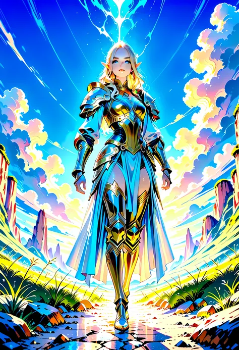elf knight, elf warrior, princess knight, shinning knight, ready for battle, female elf (intense details, Masterpiece, best quality), ultra detailed face, ultra feminine, fair skin, exquisite beauty, gold hair, long hair, wavy hair, small pointed ears, dyn...