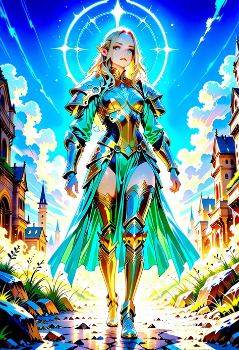 elf knight, elf warrior, princess knight, shinning knight, ready for battle, female elf (intense details, Masterpiece, best quality), ultra detailed face, ultra feminine, fair skin, exquisite beauty, gold hair, long hair, wavy hair, small pointed ears, dyn...