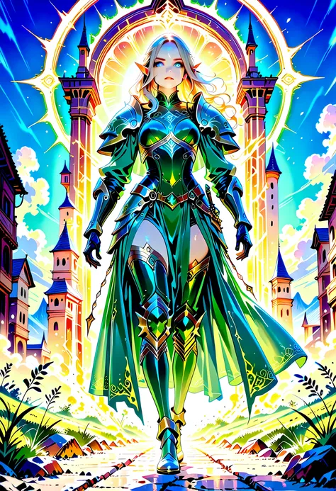 elf knight, elf warrior, princess knight, shinning knight, ready for battle, female elf (intense details, Masterpiece, best quality), ultra detailed face, ultra feminine, fair skin, exquisite beauty, gold hair, long hair, wavy hair, small pointed ears, dyn...