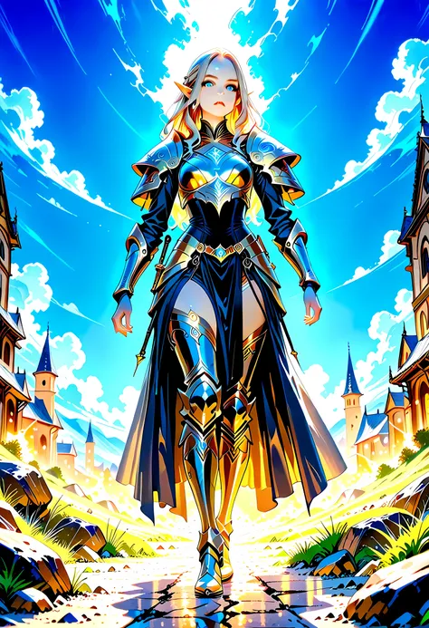 elf knight, elf warrior, princess knight, shinning knight, ready for battle, female elf (intense details, Masterpiece, best quality), ultra detailed face, ultra feminine, fair skin, exquisite beauty, gold hair, long hair, wavy hair, small pointed ears, dyn...
