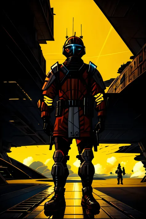 A retro Sci fi OC tribal clothing soldier full body
