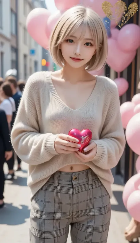 Super Detailed, absolute resolution, masterpiece.
1 woman, very short cropped up like white, glossy silk, seductive spark eye , A beautiful, revealing and shy expression, Obscene Amazing Body, Wear a fluffy brushed sweater, loose Burberry check pants, pla...
