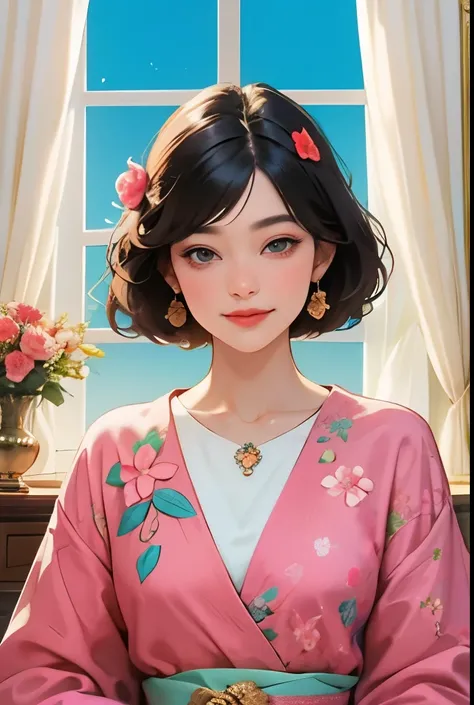 387 (20 year old woman),(short hair),(gentle smile),(high quality photos),(Luxurious room window),(colorful),(Floral clothes)