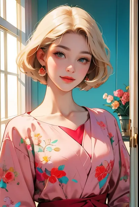 387 (20 year old woman),(short hair),(gentle smile),(high quality photos),(Luxurious room window),(colorful),(Floral clothes)