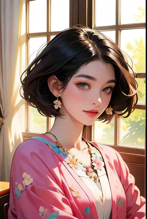 387 (20 year old woman),(short hair),(gentle smile),(high quality photos),(Luxurious room window),(colorful),(Floral clothes)