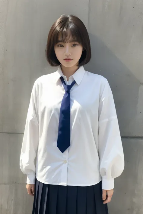jjfz, age girl, likely Japanese, in a formal school uniform.  Mid-fifteen to early-seventeen age range.  she has short brown bob hair. She wears a crisp white, long-sleeved button-up shirt with no pockets, a royal blue pleated midi skirt, and a matching bl...