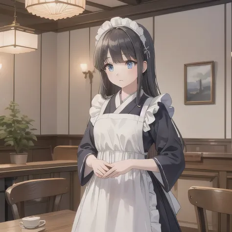 A beautiful young Japanese woman with long dark hair and deep blue eyes, wearing a classic black and white Victorian maid outfit with a white frilly apron and a traditional white headpiece. She stands gracefully in an elegant, British-style vintage cafe in...