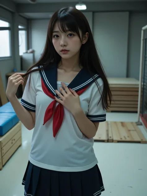 japanese cute idol, Japanese cute girl, kawaii, a beautiful young girl dressed up as a sailor, 1girl, solo, school uniform, serafuku, skirt, (The normal face of Japan),(The plain face of Japan ),(Curvy Body),(High school uniform、Wearing school uniform) ...